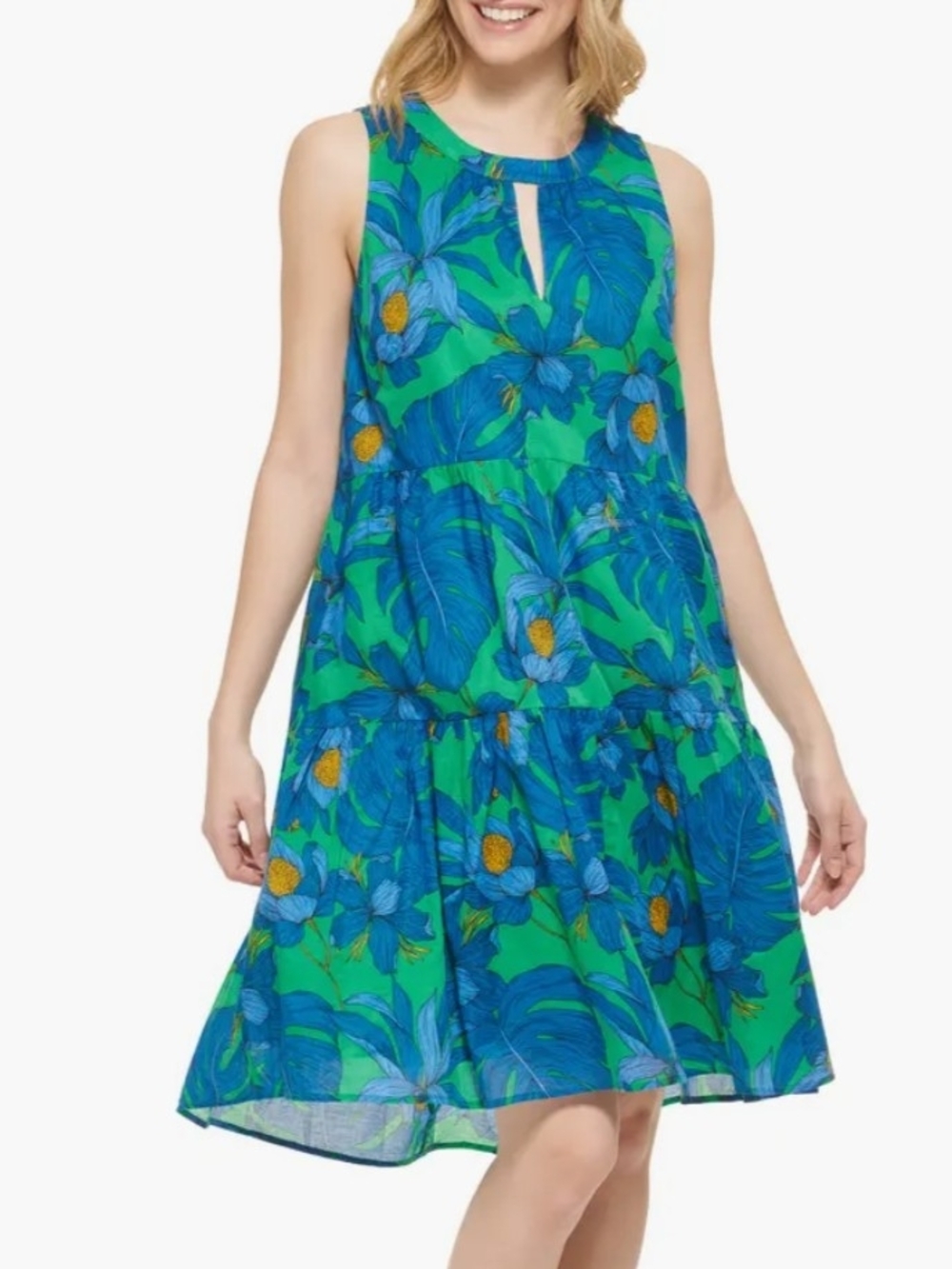 Tommy Hilfiger 100% Cotton Gustavia Printed Tiered Sleeveless Dress